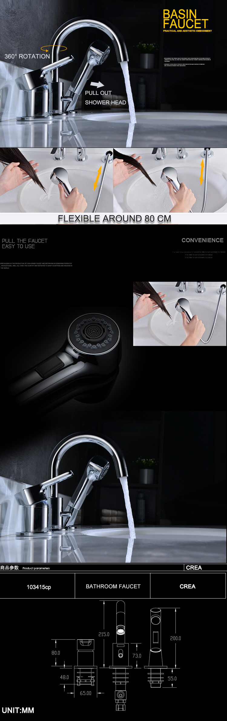 Grifo extra&iacute;ble para ba&ntilde;o con cabezal de ducha, grifo de 3 orificios