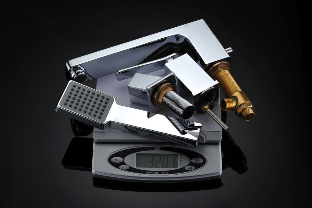 Juego de grifer&iacute;a para ba&ntilde;era con cabezal de ducha y lavabo con dise&ntilde;o cuadrado de 3 orificios