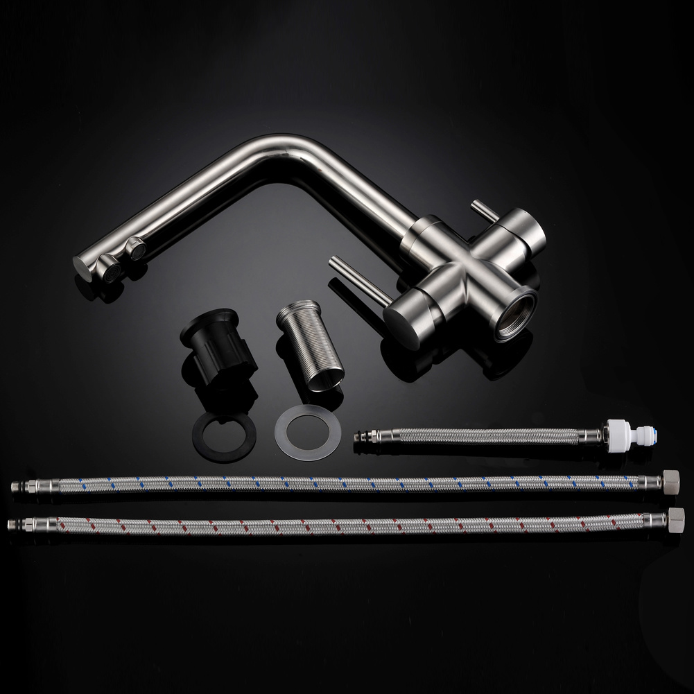 Grifo de acero inoxidable para lavabo con agua purificada de 3 v&iacute;as