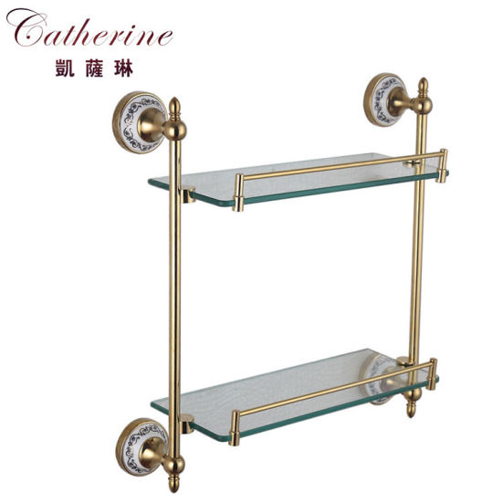 Fancy Double-Deck Stainless Steel Glass Shelf in Gold Color (2314)