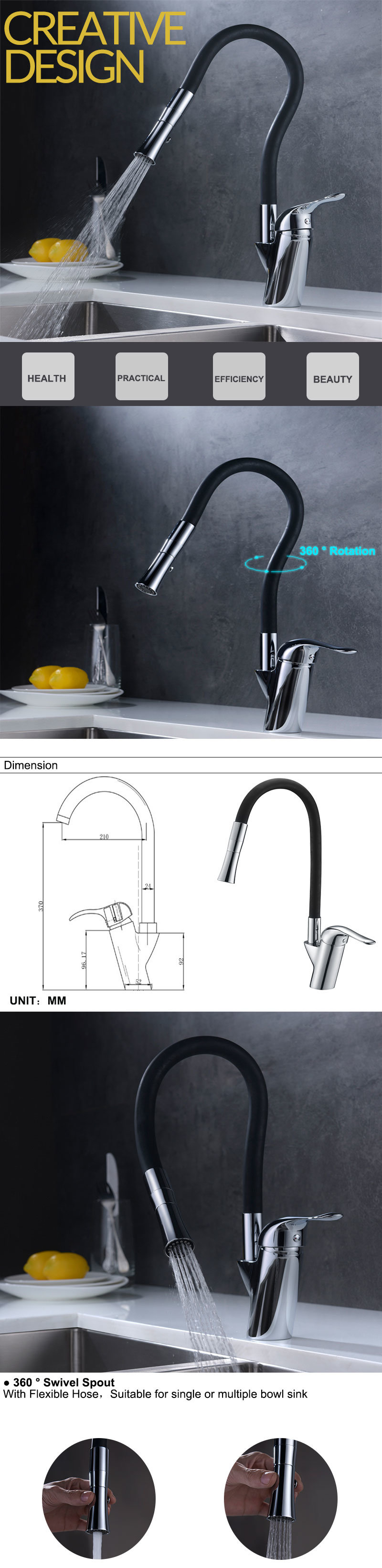 Grifos de fregadero cromados de lat&oacute;n de nuevo estilo, grifo de cocina con ca&ntilde;o flexible