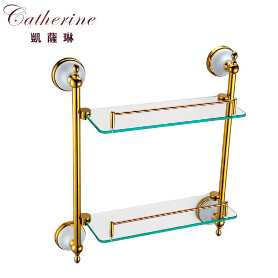 Classic Double-Deck Stainless Steel Glass Shelf in Gold Color (2114-1)