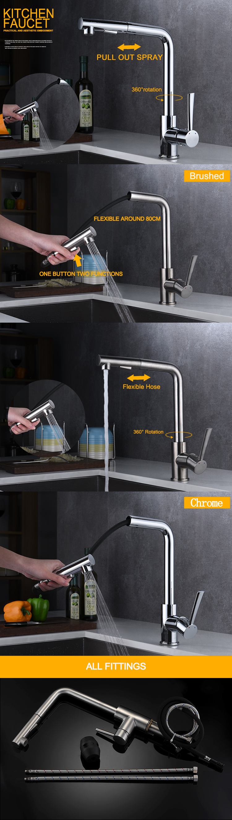 Grifos de cocina cepillados con ca&ntilde;o largo Grifo de cocina extra&iacute;ble