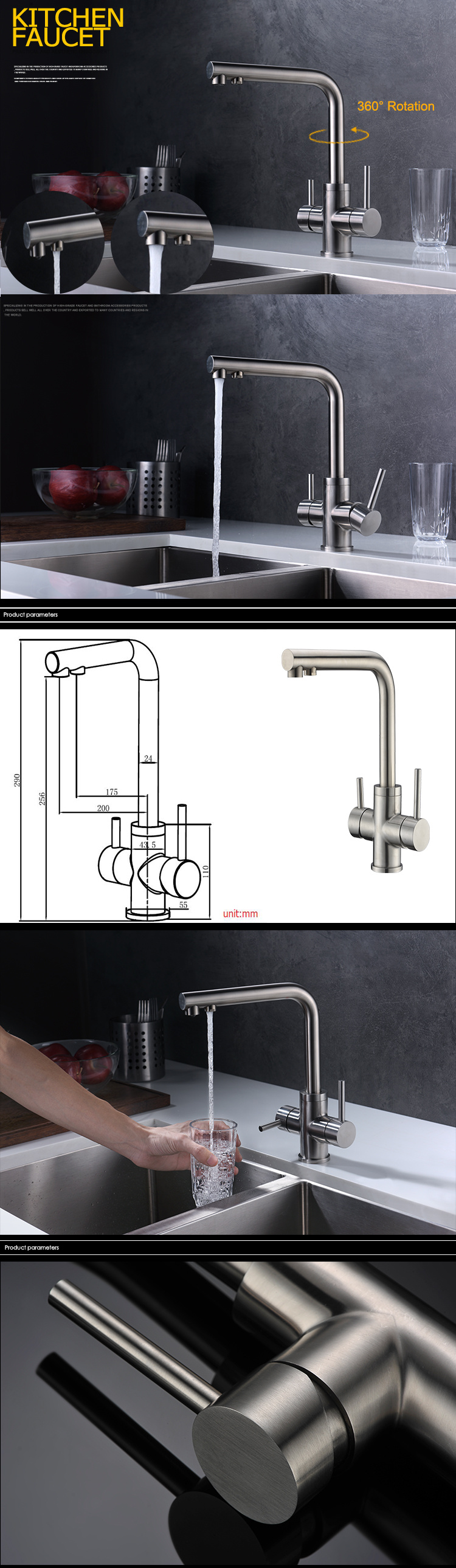 Grifo de cocina de 3 v&iacute;as de sanitarios de dise&ntilde;o moderno con sistema de &oacute;smosis inversa de alta calidad