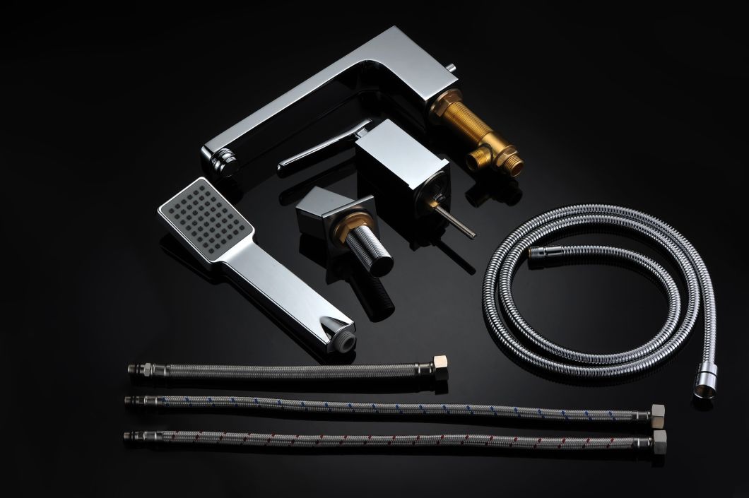 Juego de grifer&iacute;a para ba&ntilde;era con cabezal de ducha y lavabo con dise&ntilde;o cuadrado de 3 orificios