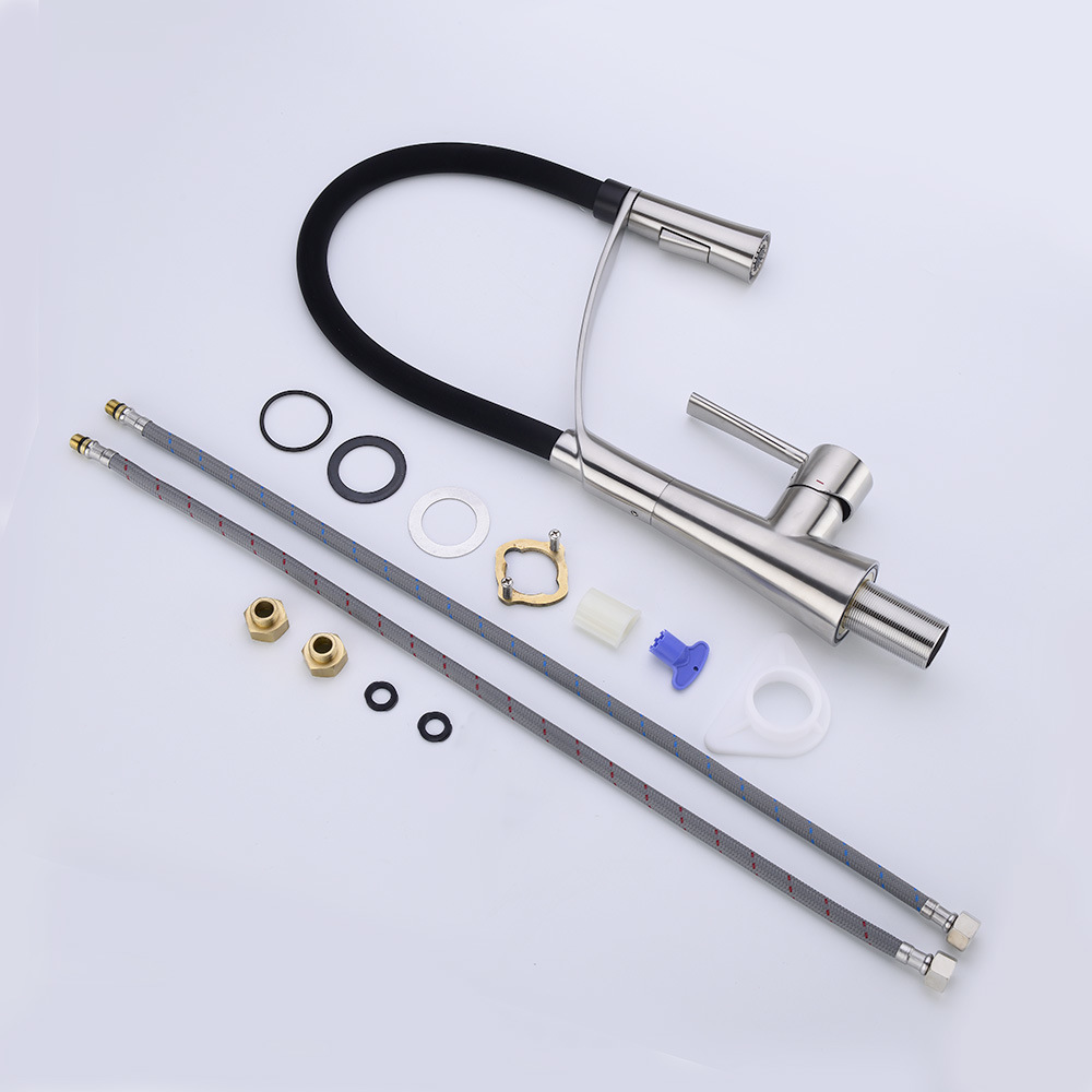 Grifo de fregadero de cocina abatible de acero inoxidable con rociador negro