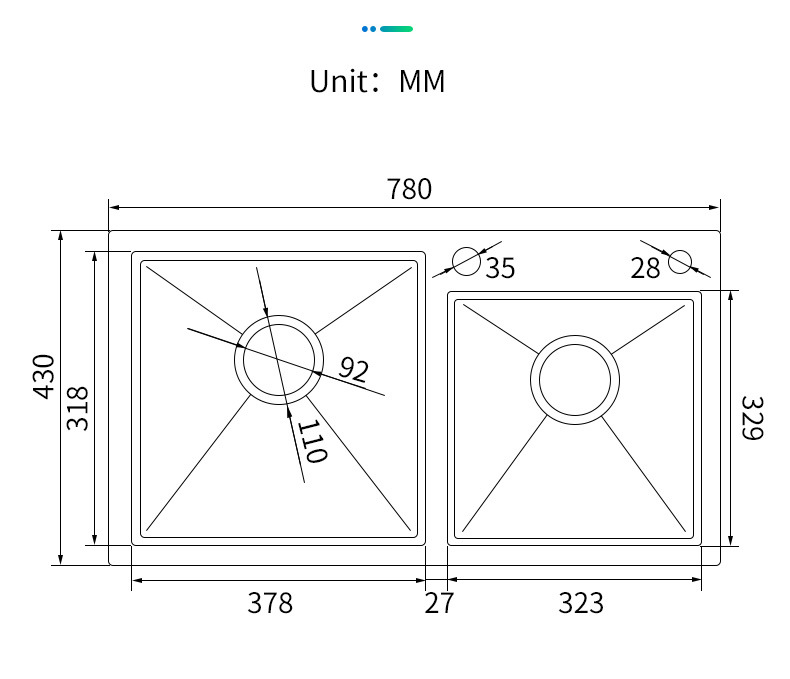 Fregadero de cocina de doble cuenco de acero inoxidable 304 hecho a mano Nano PVD