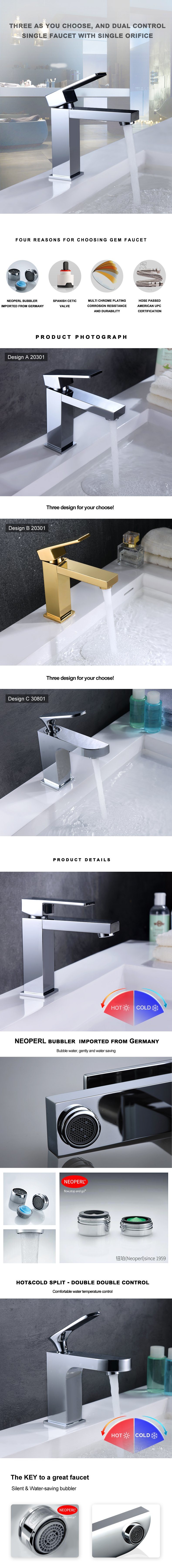 Grifo mezclador de lavabo de ba&ntilde;o de un solo orificio de agua cuadrada de lat&oacute;n