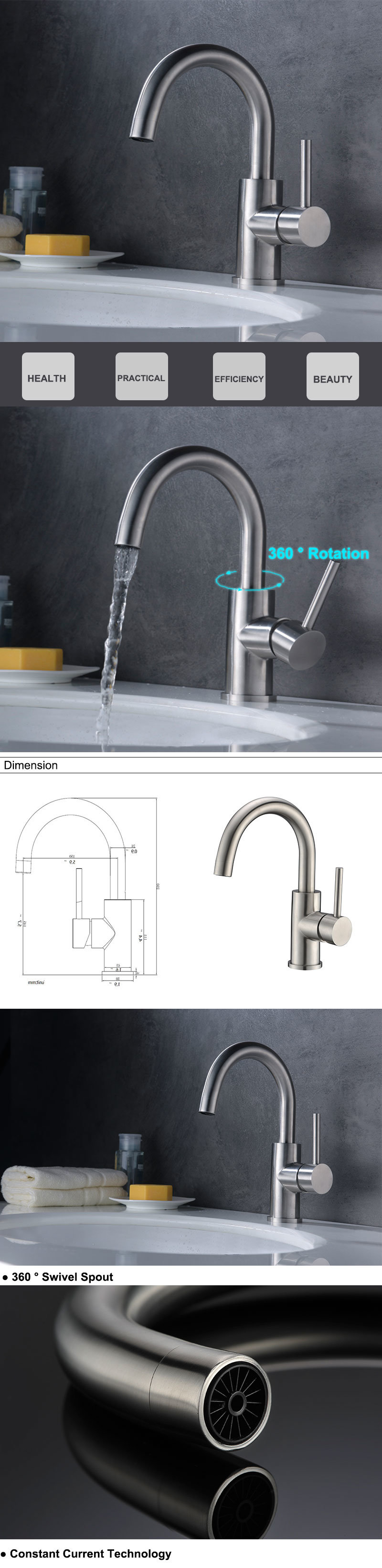 Grifos mezcladores para lavabo de lavabo de un solo orificio, grifo de ba&ntilde;o de acero inoxidable