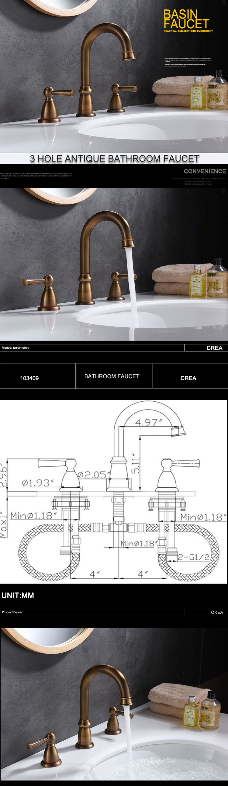 Grifo de lavabo cromado con grifo de ba&ntilde;o antiguo de 3 orificios