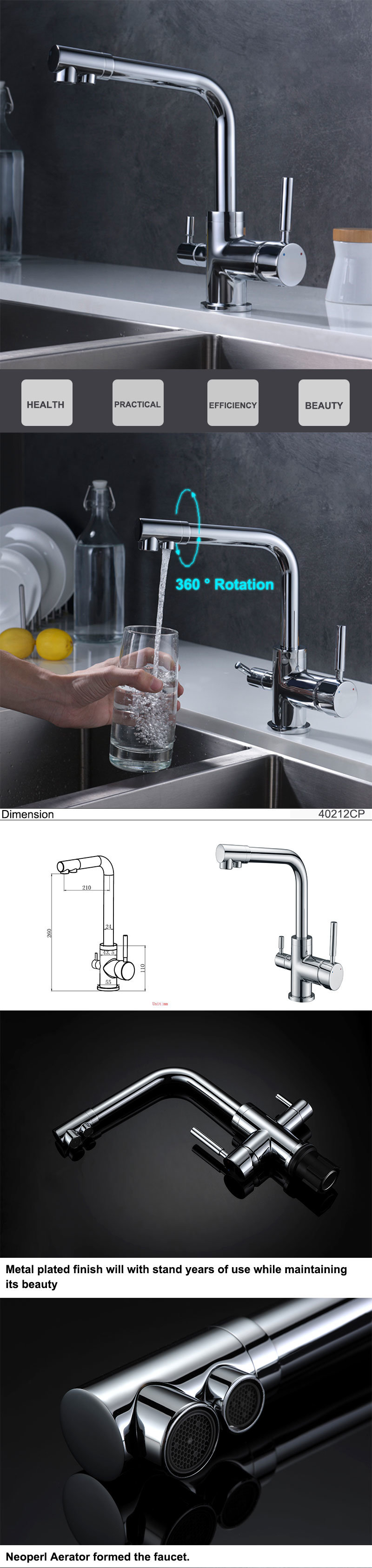 Grifo de cocina de 3 v&iacute;as, mezclador de agua potable, filtro RO