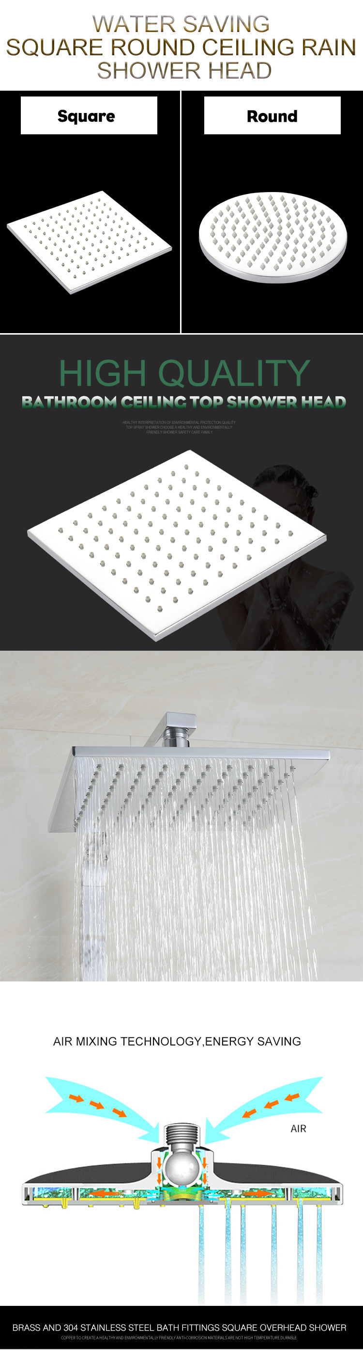 Cabezal de ducha ultrafino de acero inoxidable 304 con acabado de espejo redondo cuadrado de lluvia en cascada de 8 pulgadas