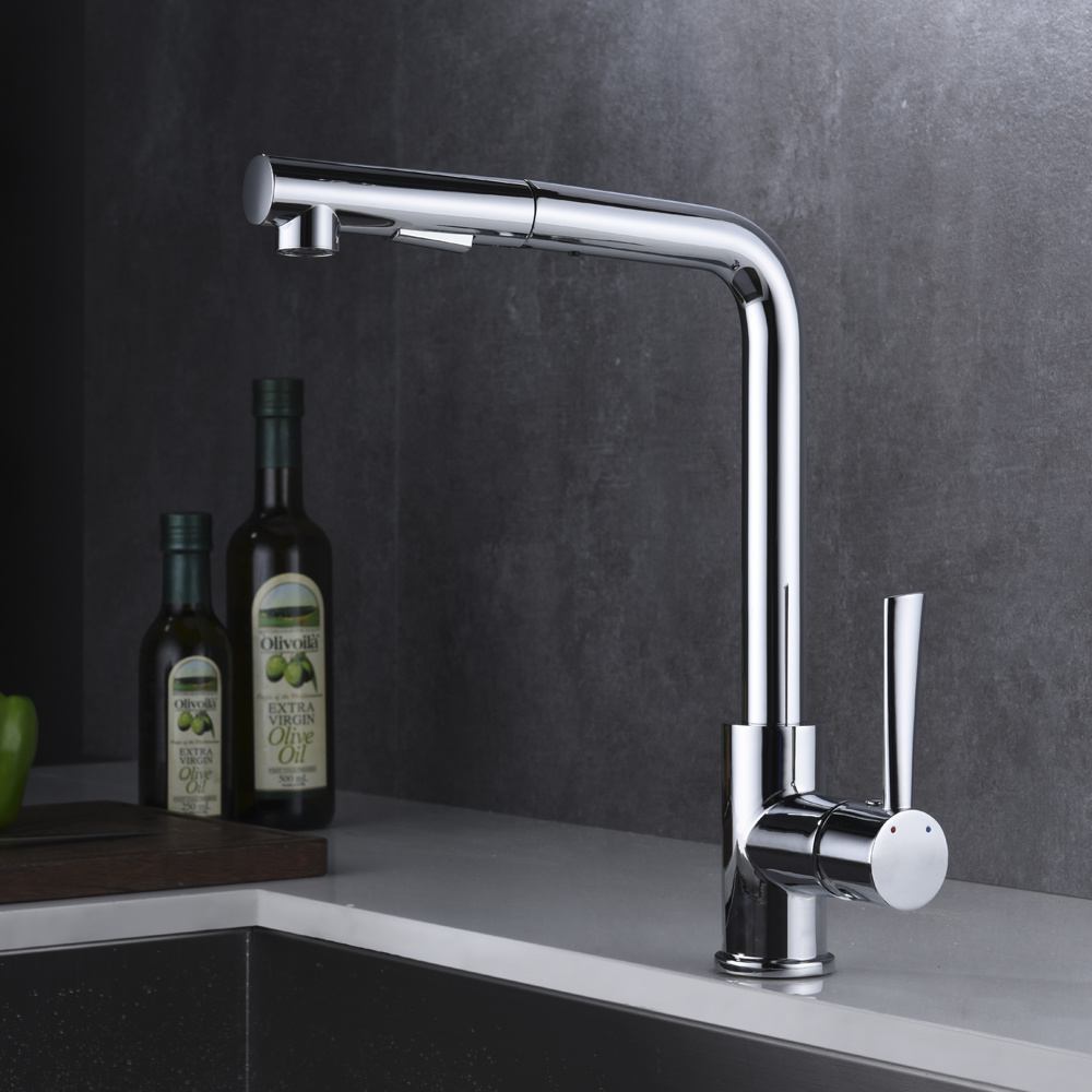 Grifo de cocina para fregadero extra&iacute;ble con una sola palanca y un solo orificio de lat&oacute;n (40226)