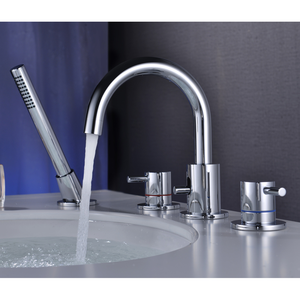 Grifo para ba&ntilde;era con 4 orificios y ducha de mano en cromo