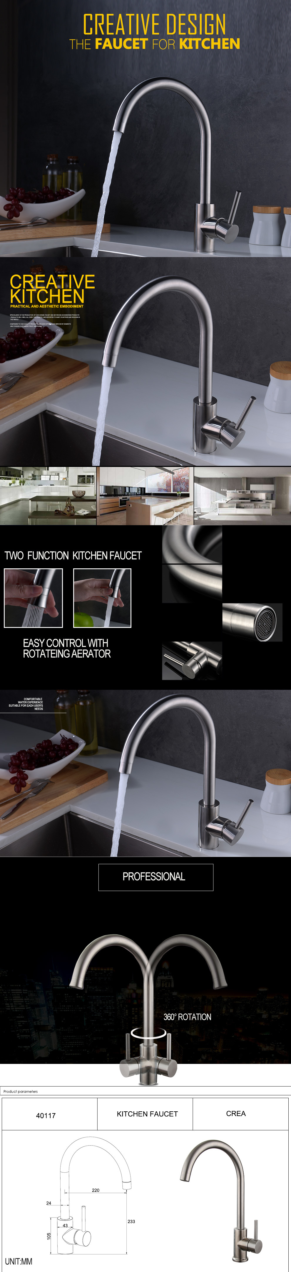 Grifo monomando de cocina de acero inoxidable con chorro y chorro de dos funciones y orificio &uacute;nico