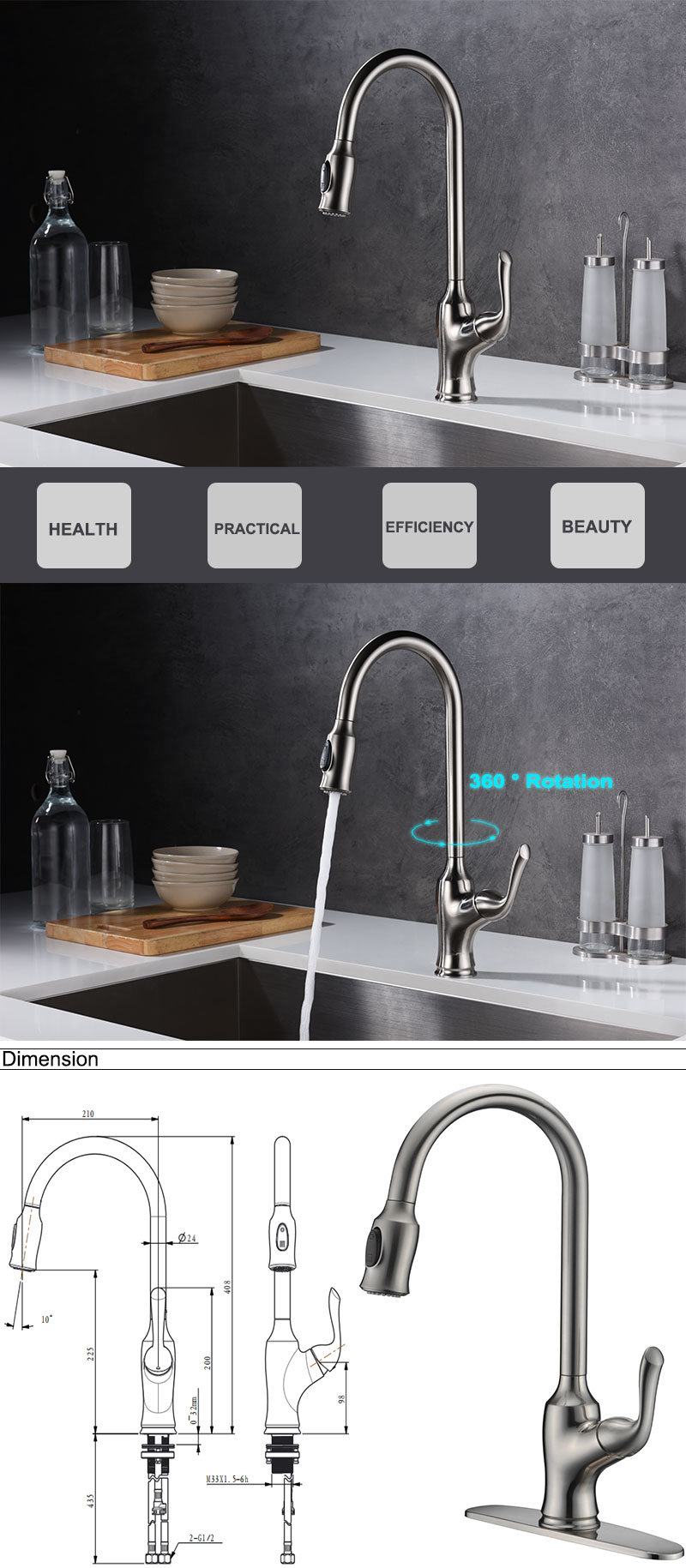 Grifo de cocina de fregadero con rociador extra&iacute;ble de agua caliente fr&iacute;a y cuello largo de arco alto