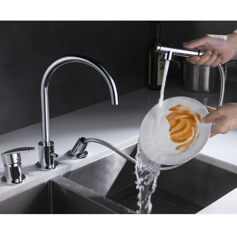 Grifo de fregadero cromado de 3 orificios, grifo de cocina extra&iacute;ble