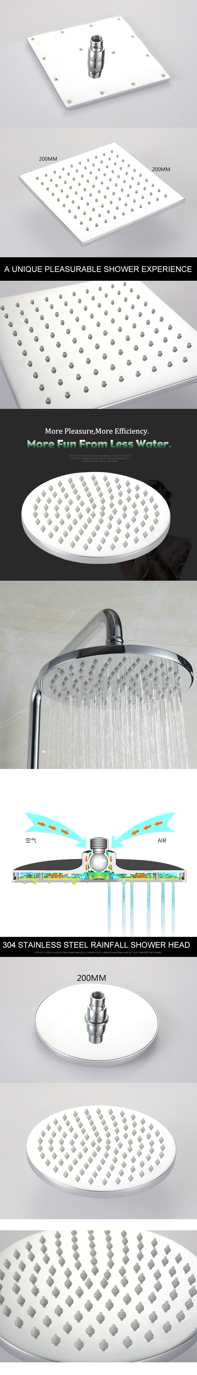 Cabezal de ducha ultrafino de acero inoxidable 304 con acabado de espejo redondo cuadrado de lluvia en cascada de 8 pulgadas