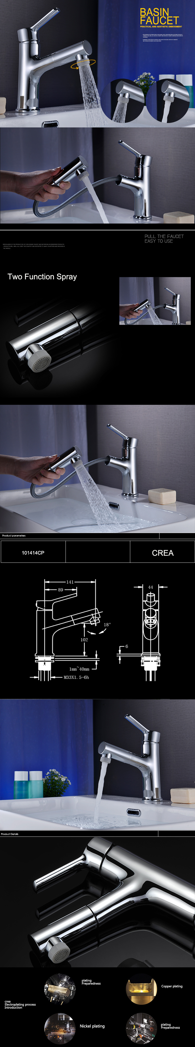 Grifo de ba&ntilde;o con rociador extra&iacute;ble, monomando, mezclador para lavabo, cromado