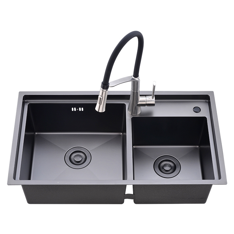 black stainless steel sink with white countertop