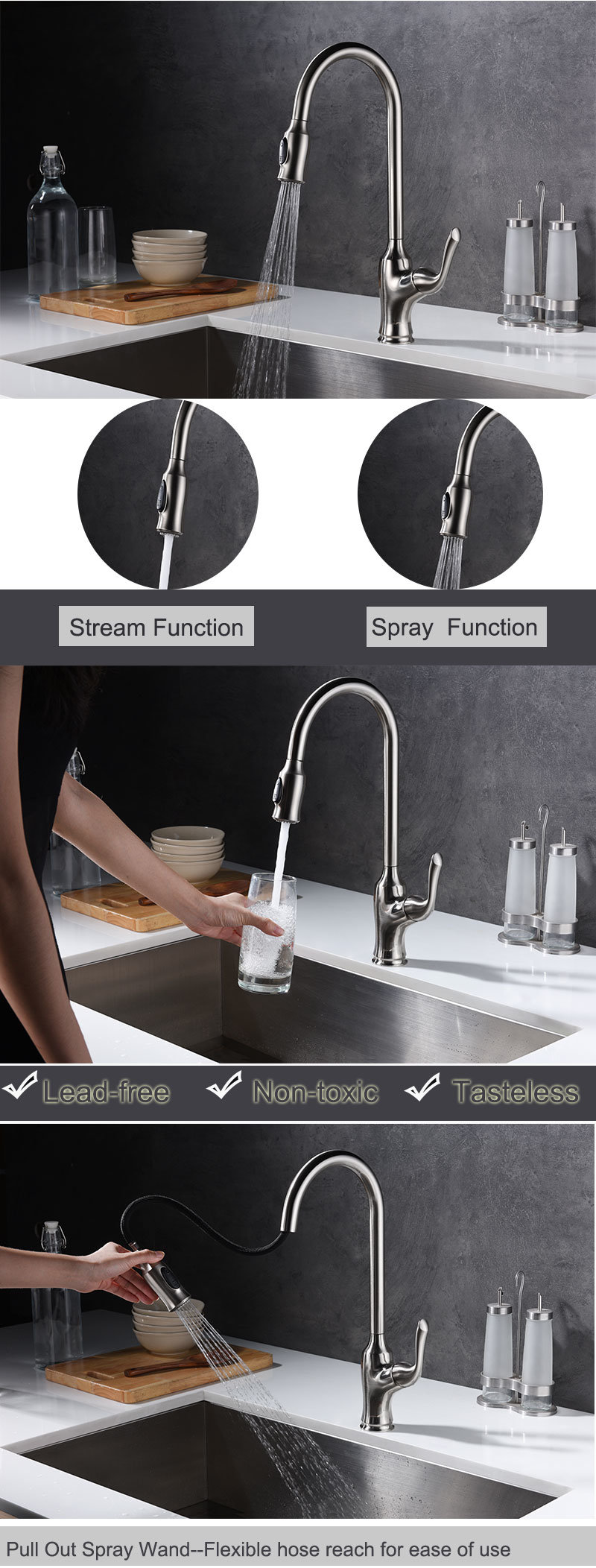 Grifo de cocina de fregadero con rociador extra&iacute;ble de agua caliente fr&iacute;a y cuello largo de arco alto