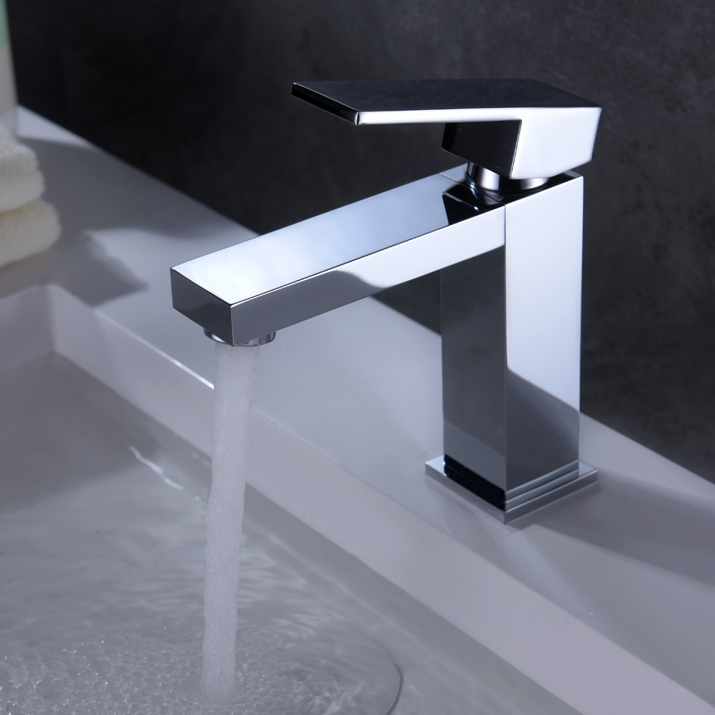 Grifo de ba&ntilde;o de un solo orificio en cromo, grifo mezclador para lavabo cuadrado