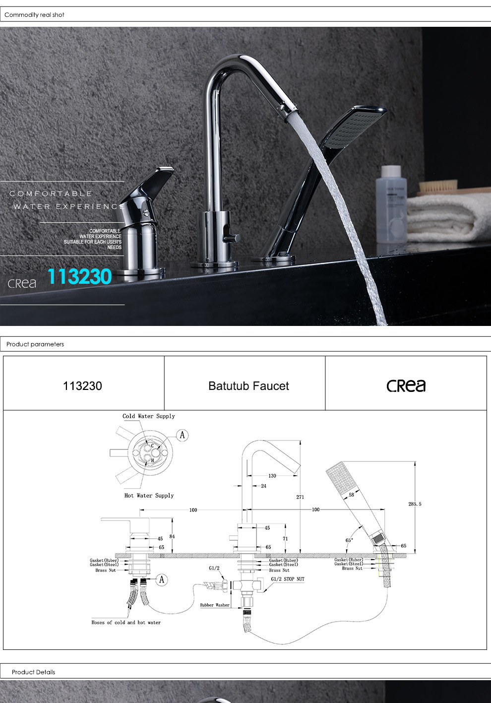 Grifo para ba&ntilde;era con 3 orificios y cabezal de ducha