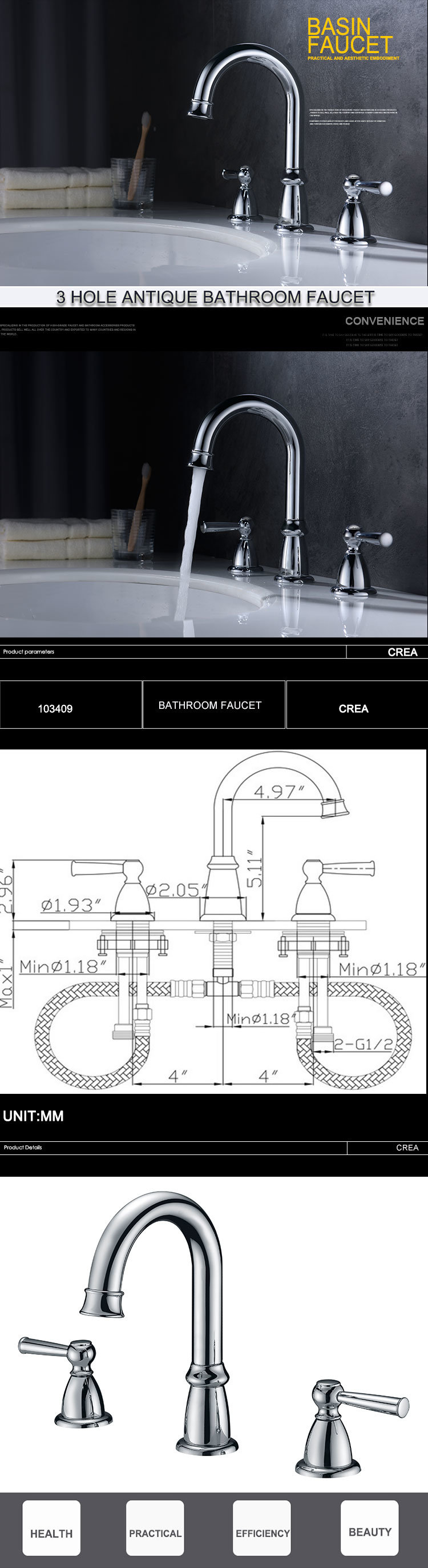 Grifo de ba&ntilde;o con doble manija de 3 orificios en cromo, mezclador de grifo de lavabo generalizado