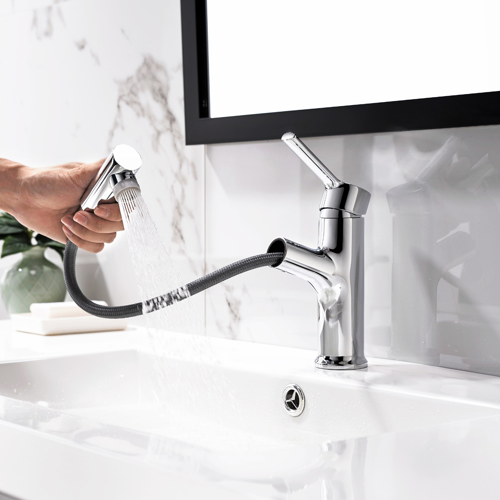 Grifo extra&iacute;ble para ba&ntilde;o con rociador, grifo mezclador para lavabo de un solo orificio